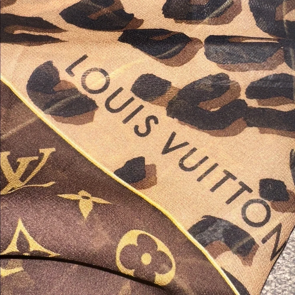 Louis Vuitton Brown & Tan Monogram Leopard Silk Scarf Wrap - Picture 5 of 8